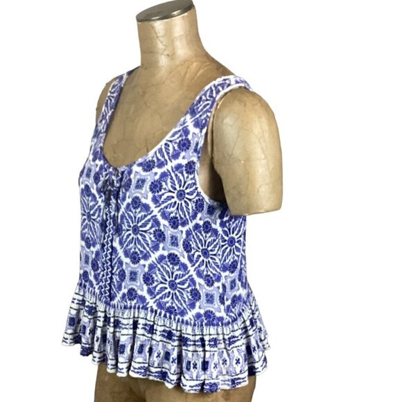 Patrons of Peace Sleeveless Ruffle Hem Embroidered Tank Top Sz S Blue White 238F - Picture 3 of 7